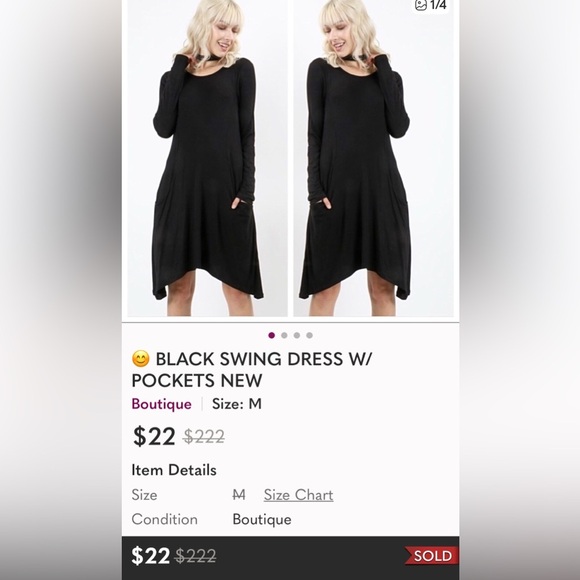 BLACK SWING DRESS W/POCKETS Size Small NEW - Picture 7 of 8